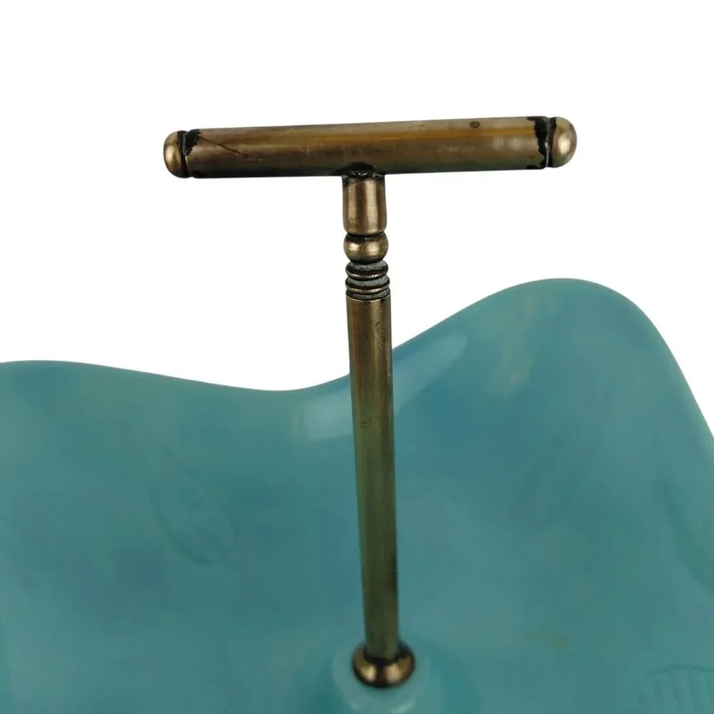 California USA Pottery Turquoise Candy Nut Dish Brass Handle 1950's Vtg Atomic
